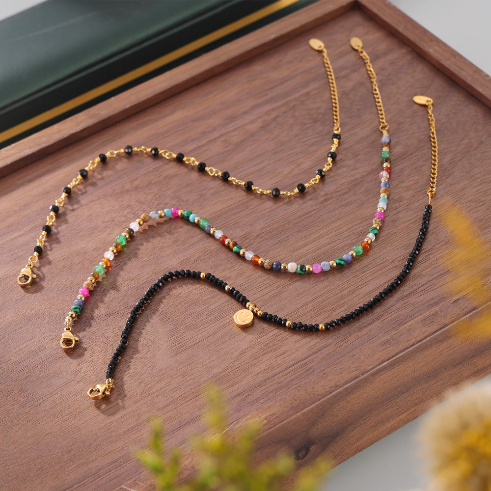 Color natural stone handmade beaded anklet feminine temperament simple personality titanium steel plated 18k gold color retaining foot chain