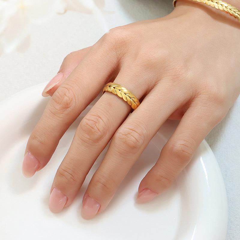 Non-fading opening design wheat ear bracelet personalized ring titanium steel gold-plated jewelry set Z192-A150