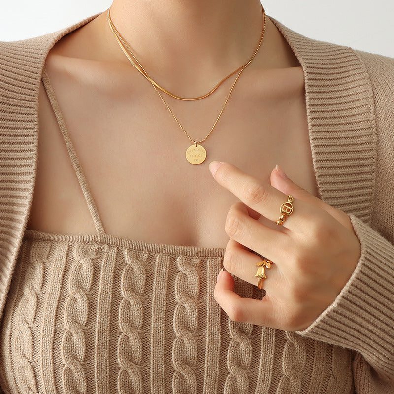 Niche Versatile Temperament Sweater Chain, English Letter Round Brand Pendant Double Chain Titanium Steel Gold Plated Necklace