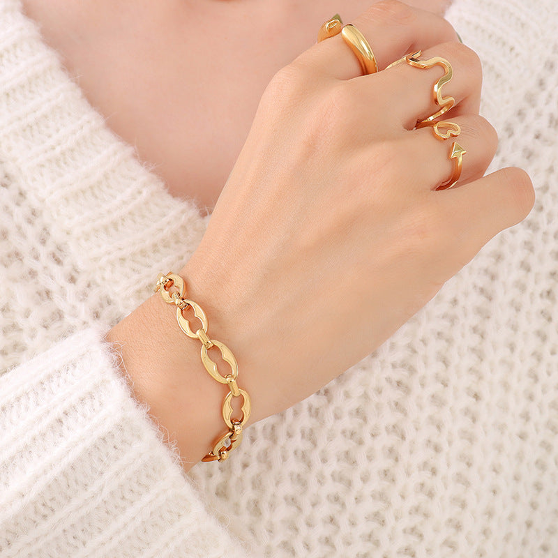 Hip-hop design geometric elements stacked simple bare chain titanium steel plated 18K gold bracelet accessories set pp