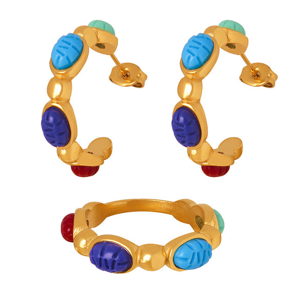 New retro personalized ring creative design earrings titanium steel gold-plated jewelry set jewelry female 99