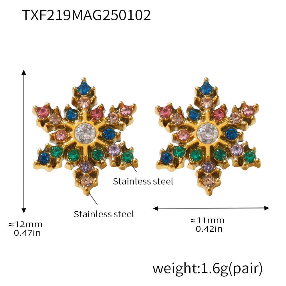 Colorful snowflake zircon necklace bracelet stud earrings set women's titanium steel full diamond jewelry does not fade jewelry wholesale