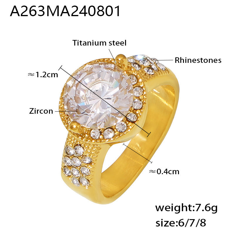 Luxury retro diamond-set oval zircon ring titanium steel 18k plated real gold temperament court style ring female pp