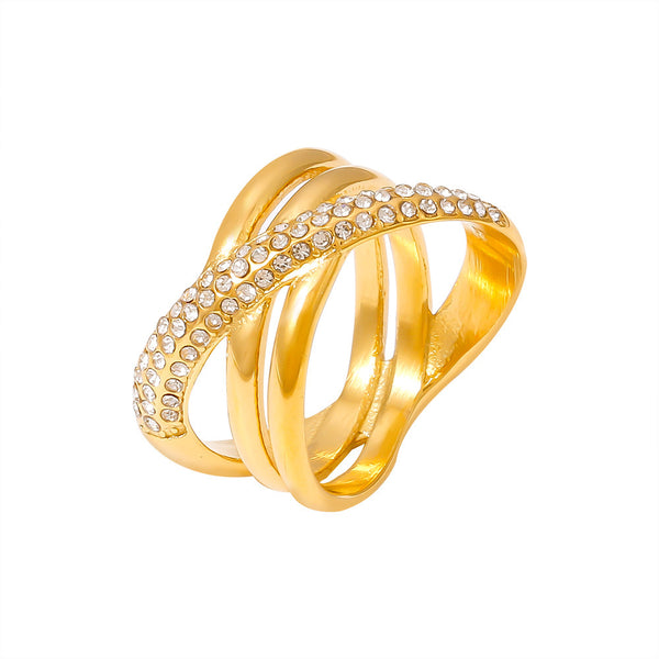 Cross-wound diamond-set ring plated with 18k real gold non-fading retro niche stainless steel ring