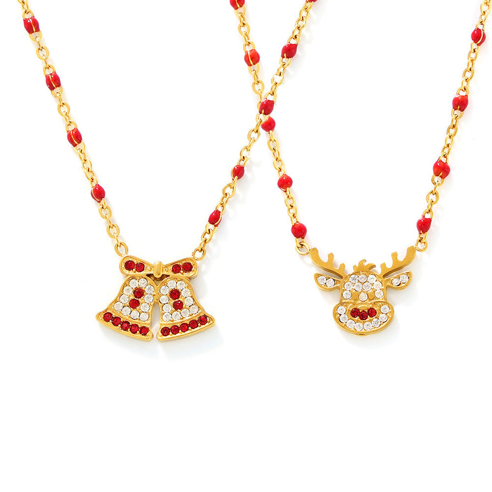 Christmas series cute bell elk inlaid zircon necklace women's stainless steel fashion cross-border romantic gift pp