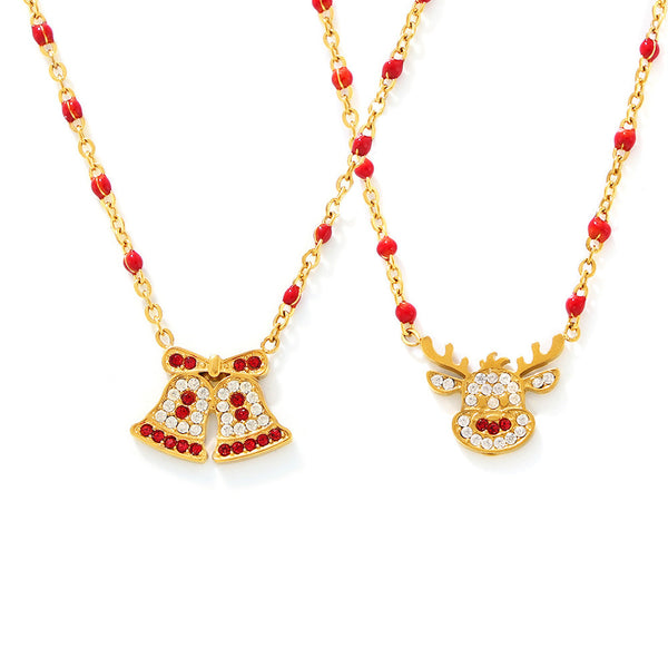 Christmas series cute bell elk inlaid zircon necklace women's stainless steel fashion cross-border romantic gift pp