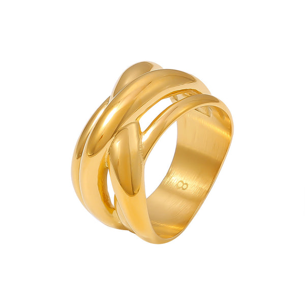 Wind light luxury irregular lines staggered wound titanium steel ring retro versatile 18k gold plated ring