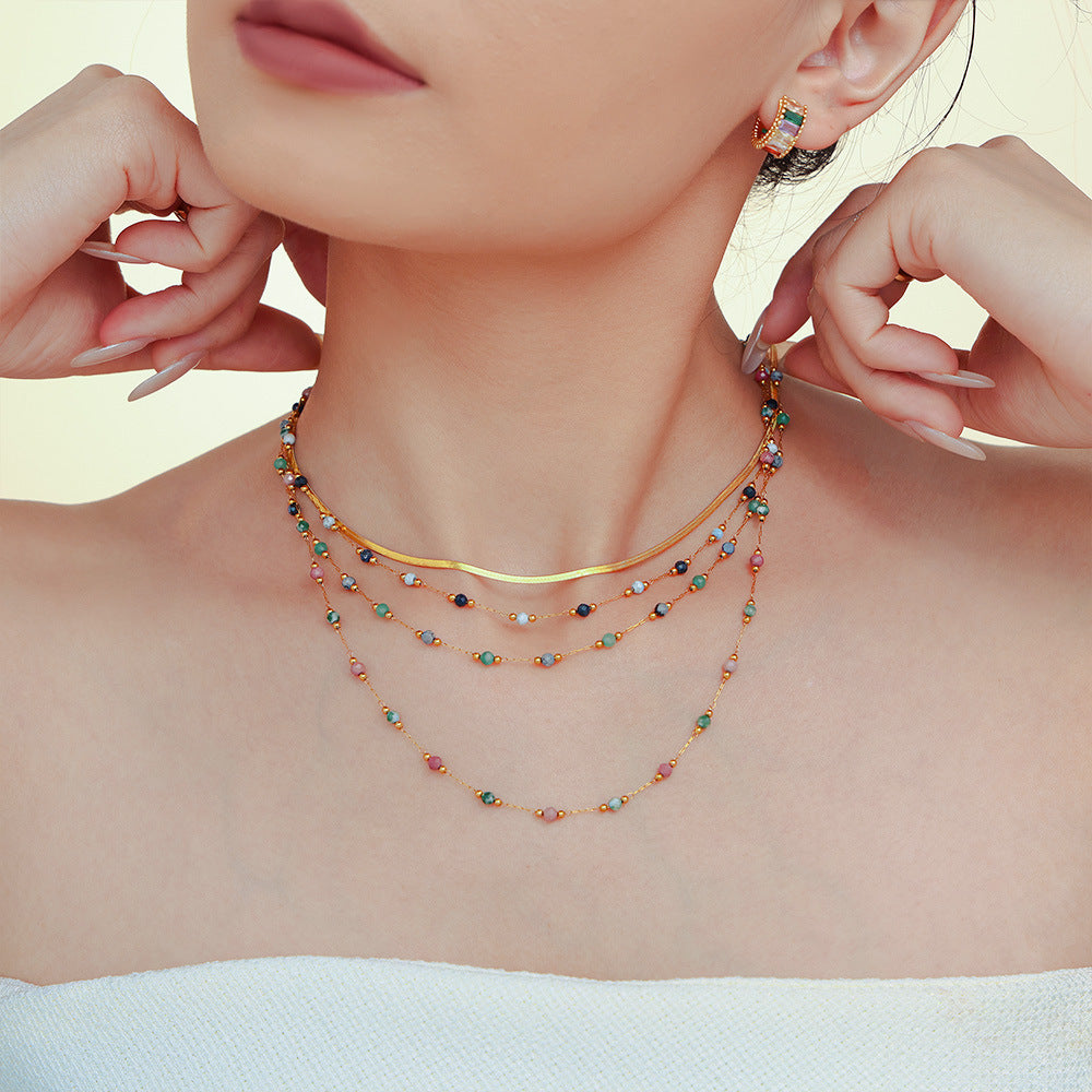 Blue gold natural stone handmade beaded collarbone necklace double-layer stacked titanium steel PVD plated real gold jewelry spot 99