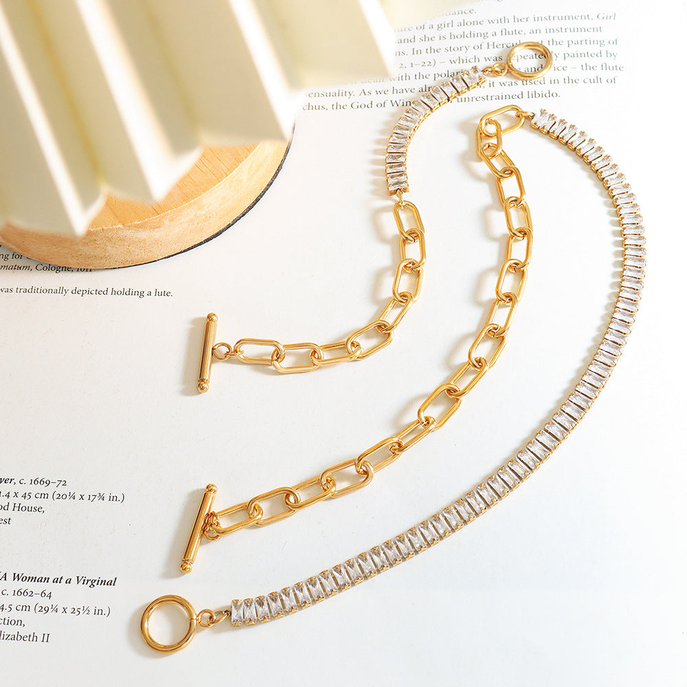 Cold wind exaggerated chain OT buckle design zircon personalized necklace hip hop non-fading bracelet jewelry set 99