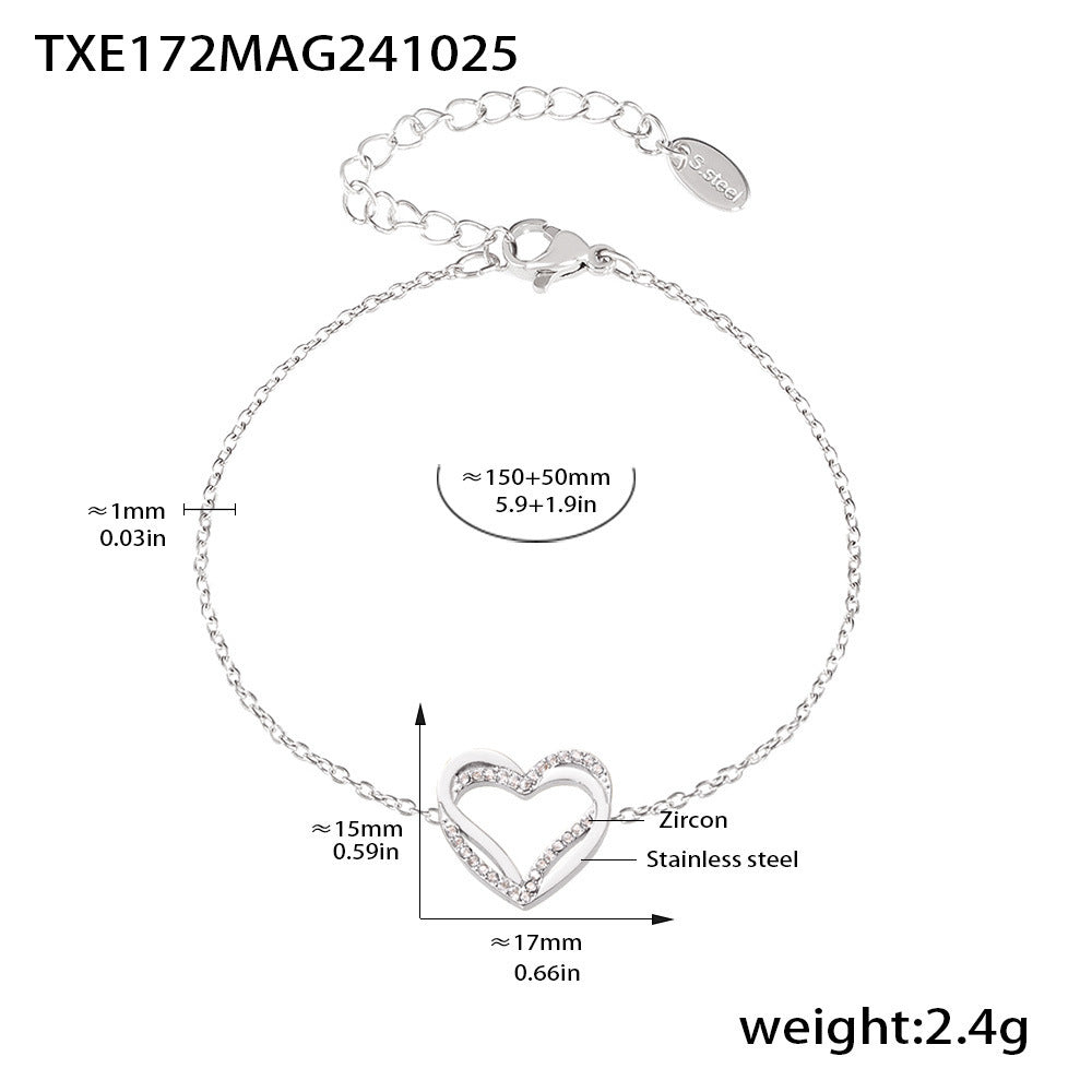 Light luxury double-layer love inlaid zircon collarbone necklace bracelet PVD plated real gold niche sweet set pp