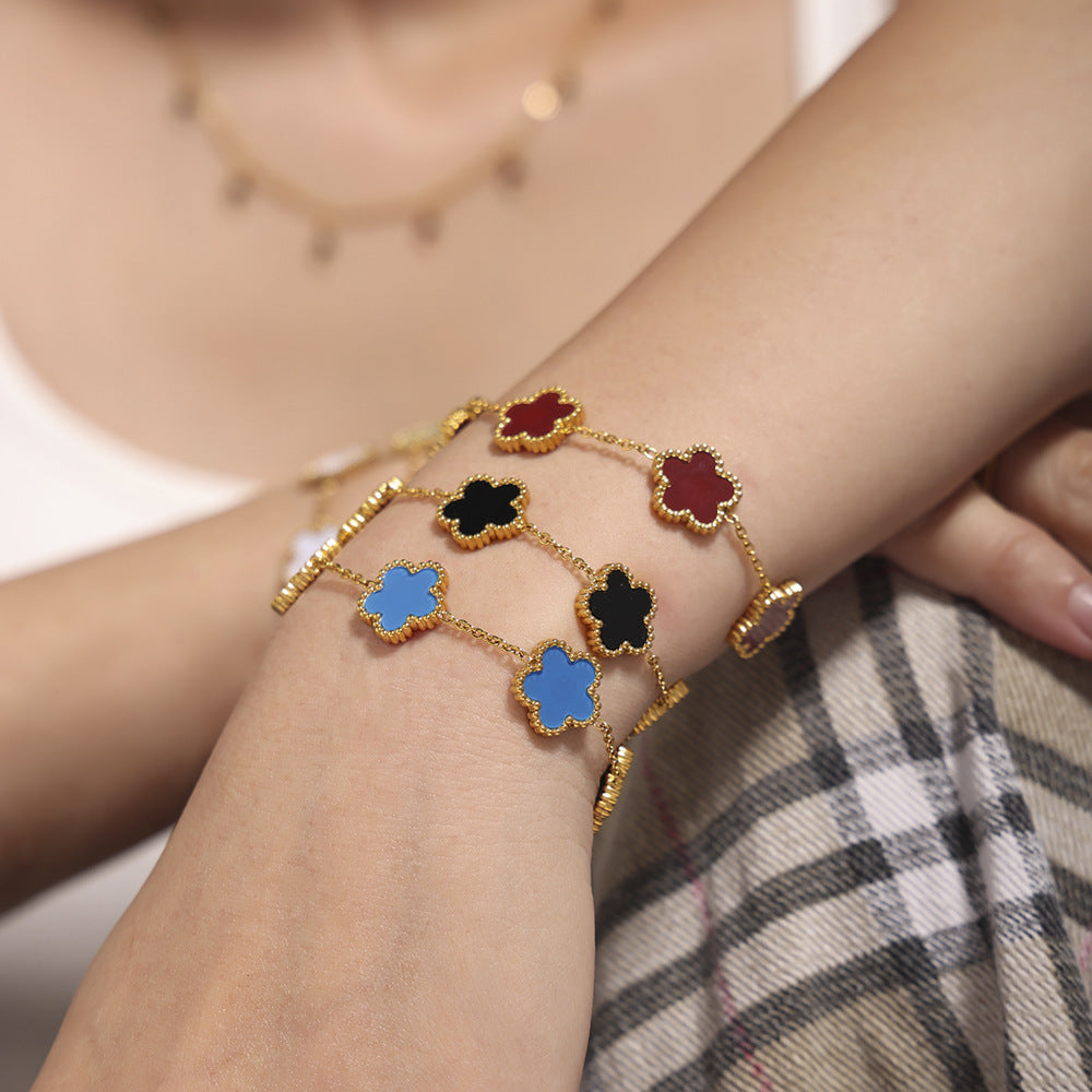 Multi-colored agate five-leaf flower stainless steel bracelet light luxury temperament girlfriend gift flower chain jewelry spot 99