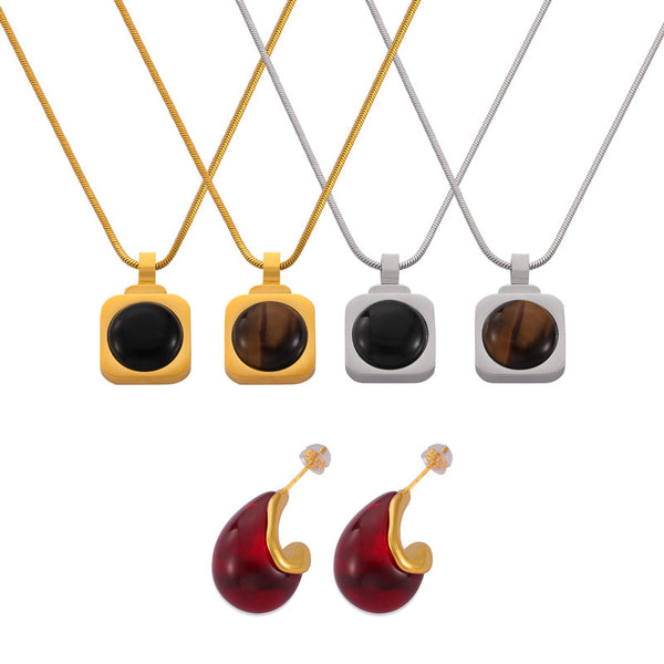 Hot-selling personalized light luxury jewelry inlaid with tiger's eye design titanium steel jewelry set pp