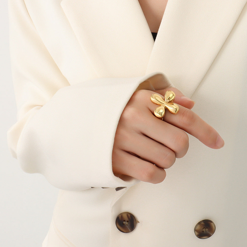 New Ring Titanium Steel Cast Water Drop Flower Geometric Ring Jewelry, 18k Real Gold Plated Jewelry Spot A068
