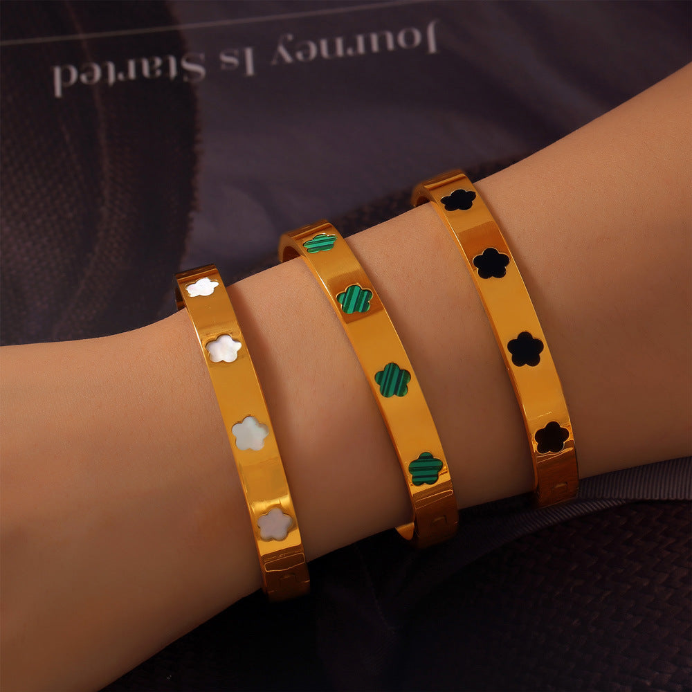 Hot-selling niche personality geometric bracelet flower shape inlaid fritillary acrylic design titanium steel bracelet pp
