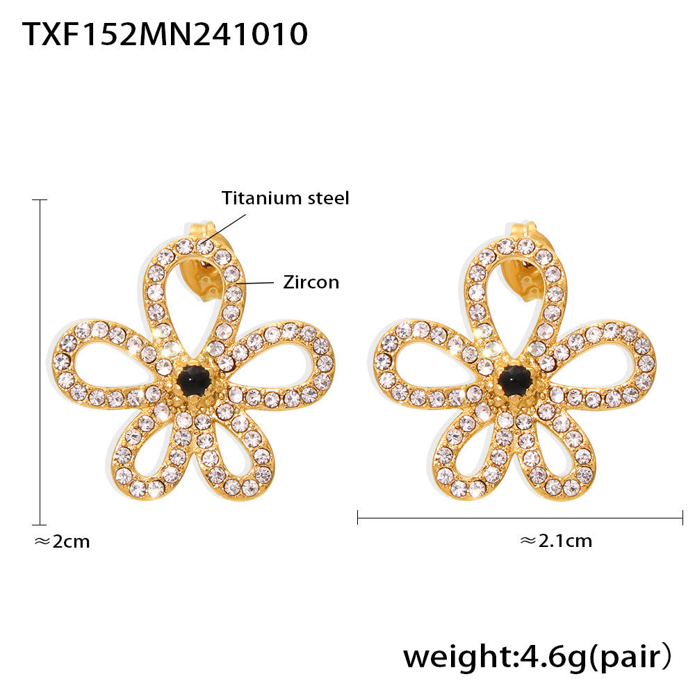 Handmade flower sticky zircon earrings necklace jewelry set titanium steel plated 18k real gold color retention spot wholesale