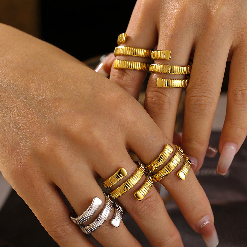 New geometric wound threaded ring titanium steel plated 18k gold opening non-adjustable ring wholesale pp