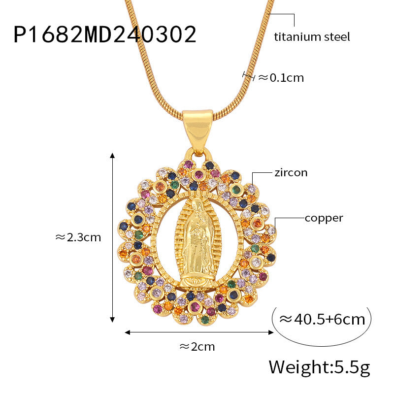 New fashion retro light luxury titanium steel gold-plated Virgin Mary geometric diamond-encrusted pendant necklace jewelry