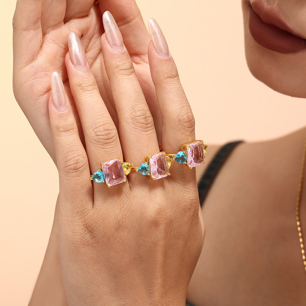 Dopamine Geometric Pink Sea Blue Zircon Ring Ultra Fine Opening Adjustment Titanium Steel PVD Plated 18K Gold Sweet Ring
