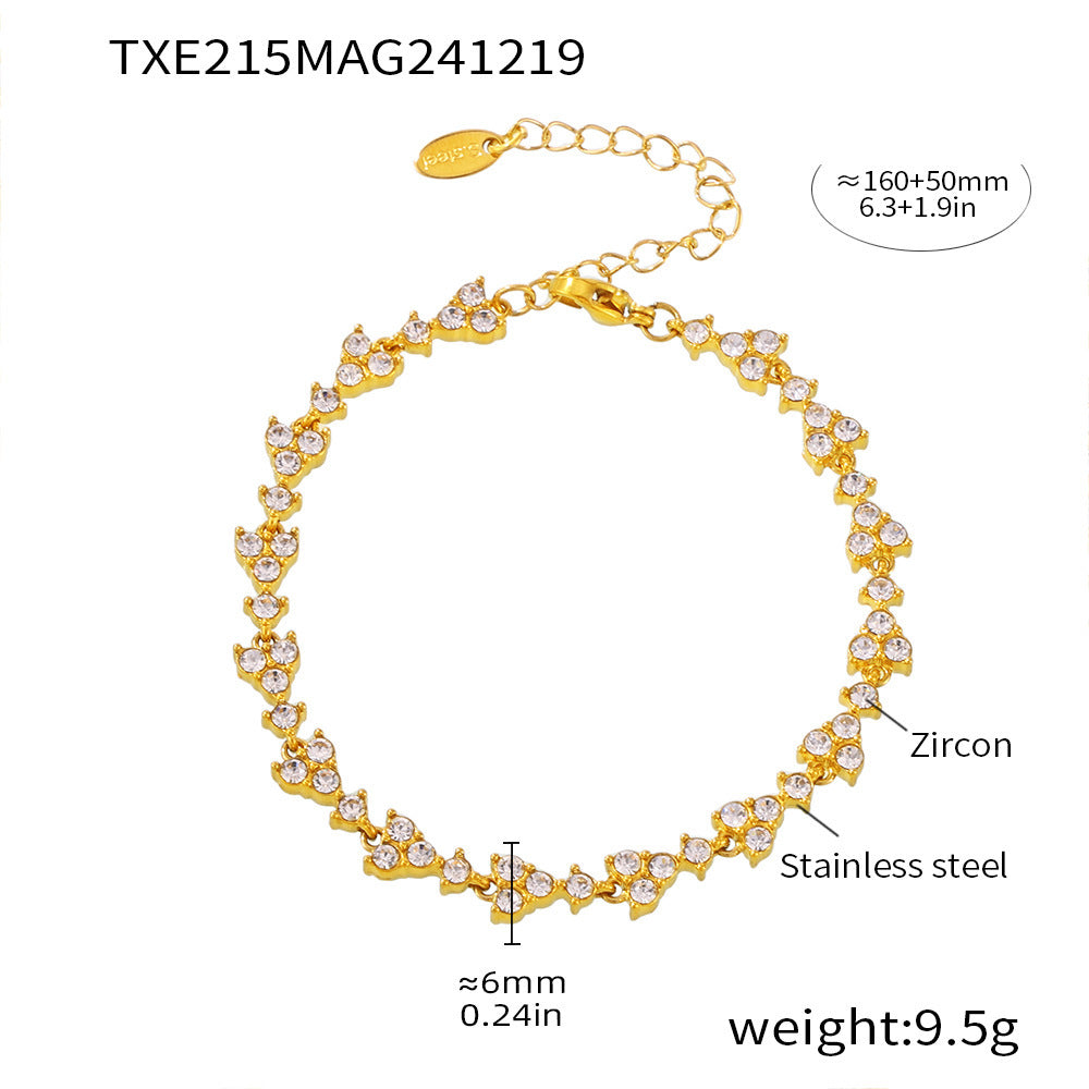 Dopamine triangle plum flower handmade chain inlaid with heavy industry luxury zircon stainless steel plated 18K real gold bracelet
