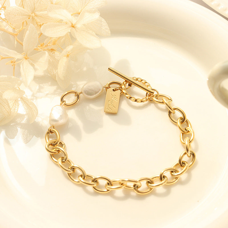 OT buckle geometric square brand simple freshwater pearl gold Christmas bracelet women, titanium steel jewelry wholesale E182