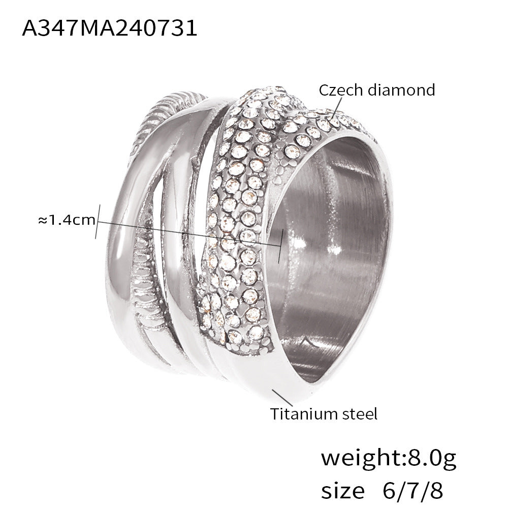 New cross-woven multi-row diamond ring titanium steel plated 18k real gold light luxury fashion ring 99
