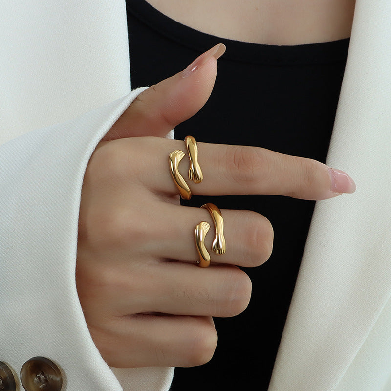 Hug you with both hands Open ring Titanium steel personalized tail ring Index finger ring A203 Unique 99