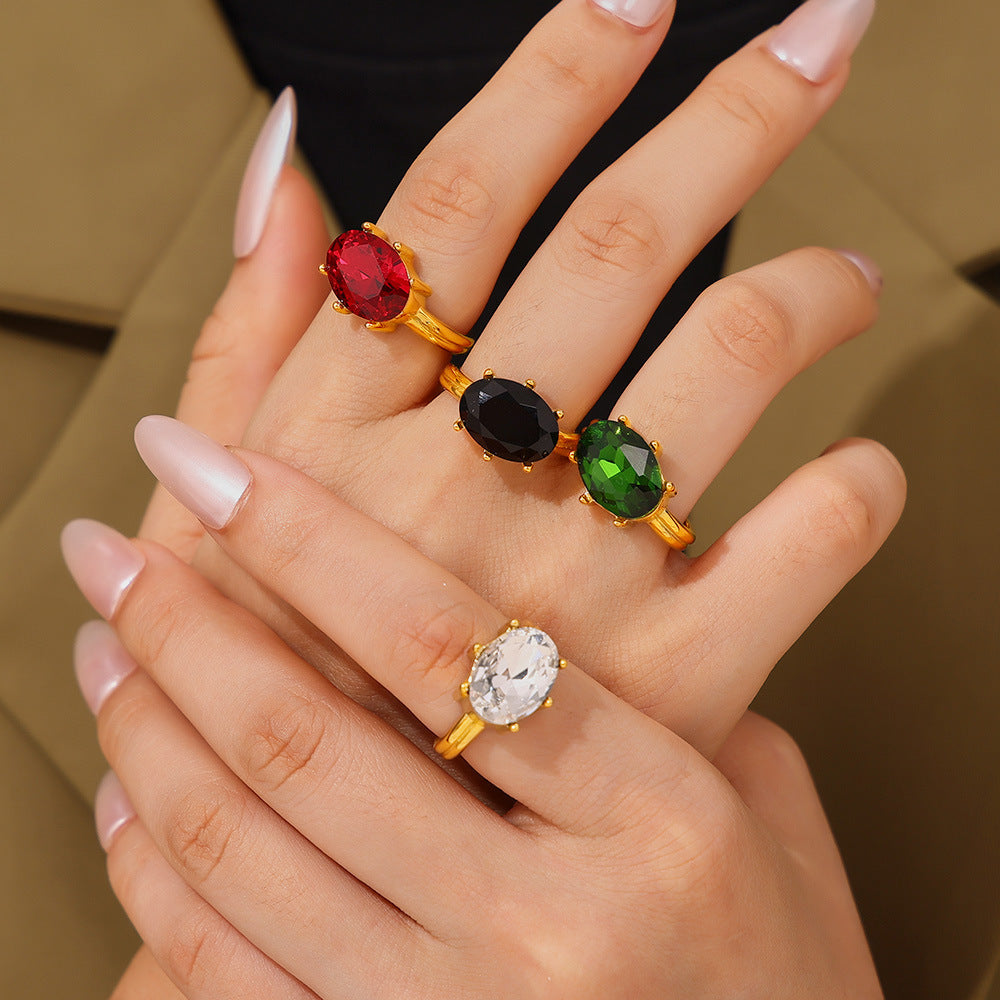 Court style oval glass stone ring luxury temperament titanium steel plated 18k real gold index finger ring jewelry