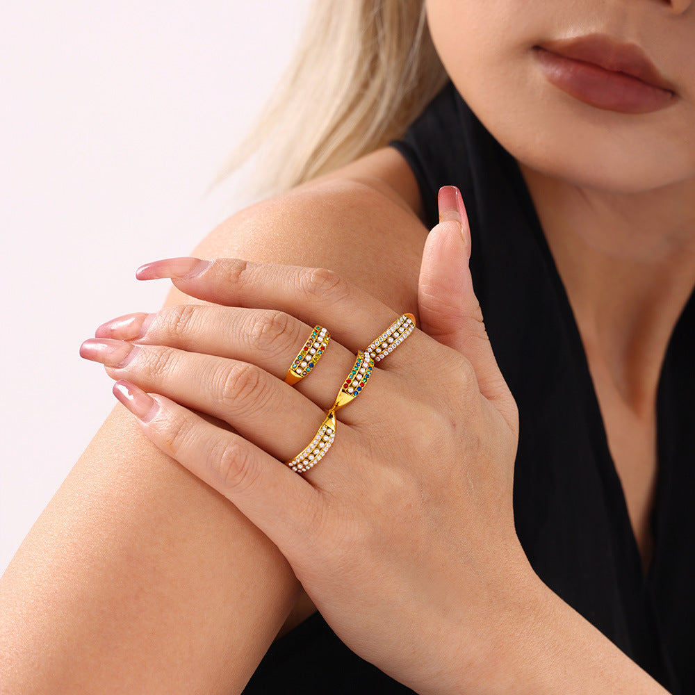 Adjustable exquisite small bead colored zircon side opening index finger ring tail ring stainless steel ring female pp