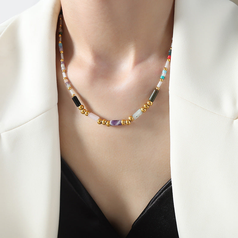 New cross-border high-end light luxury titanium steel gold-plated natural crystal stone handmade beaded necklace jewelry female pp
