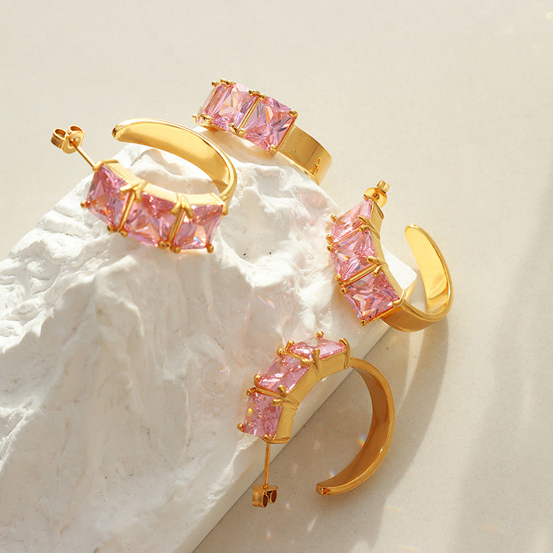 Celebrity fashion retro style temperament summer C-shaped shining pink diamond earrings Internet celebrity trend personalized copper earrings