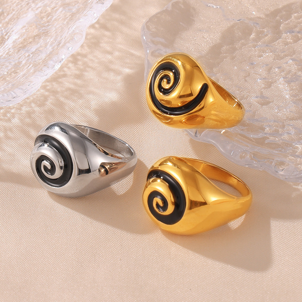 Spiral pattern oil drop ring retro ins style niche design titanium steel plated 18k gold index finger ring spot
