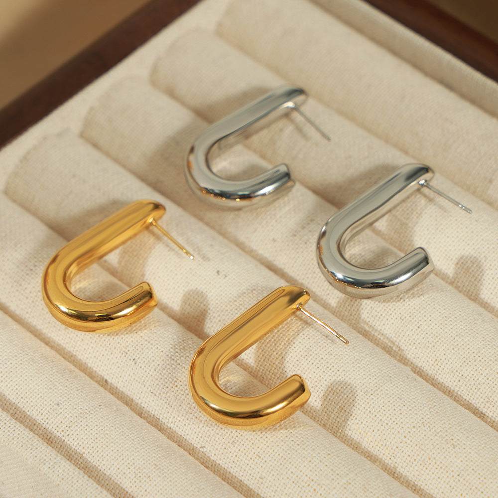 New niche design simple personality titanium steel gold-plated J-shaped design earrings European and American style jewelry wholesale