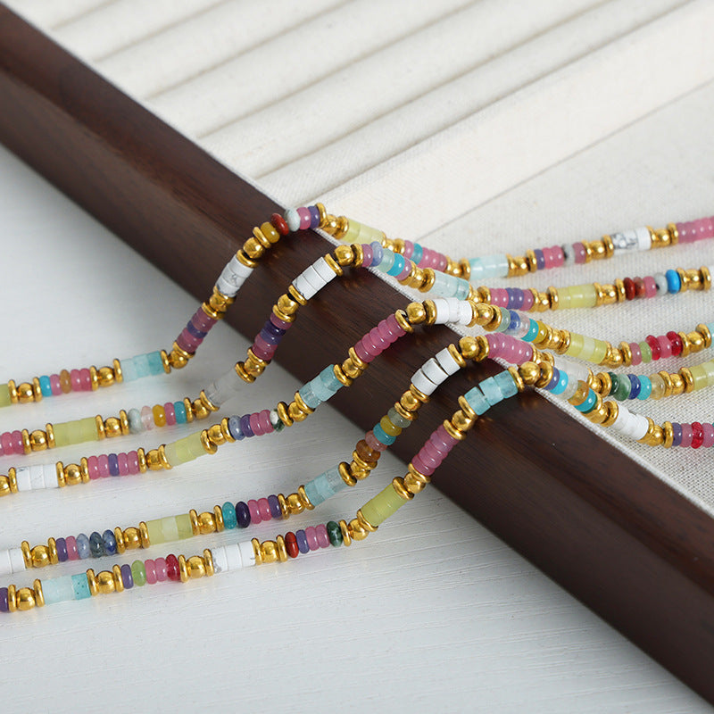 New retro ethnic style personalized niche design mixed color natural stone handmade beaded necklace jewelry pp