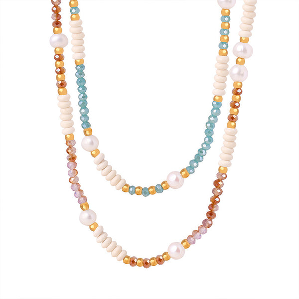 Dopamine Girl Natural Freshwater Pearl Glass Stone Beaded Elegant Temperament Titanium Steel Necklace Jewelry