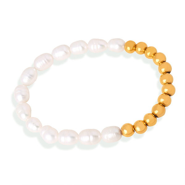 New light luxury and versatile high-end natural freshwater pearl handmade beaded titanium steel gold-plated bracelet jewelry