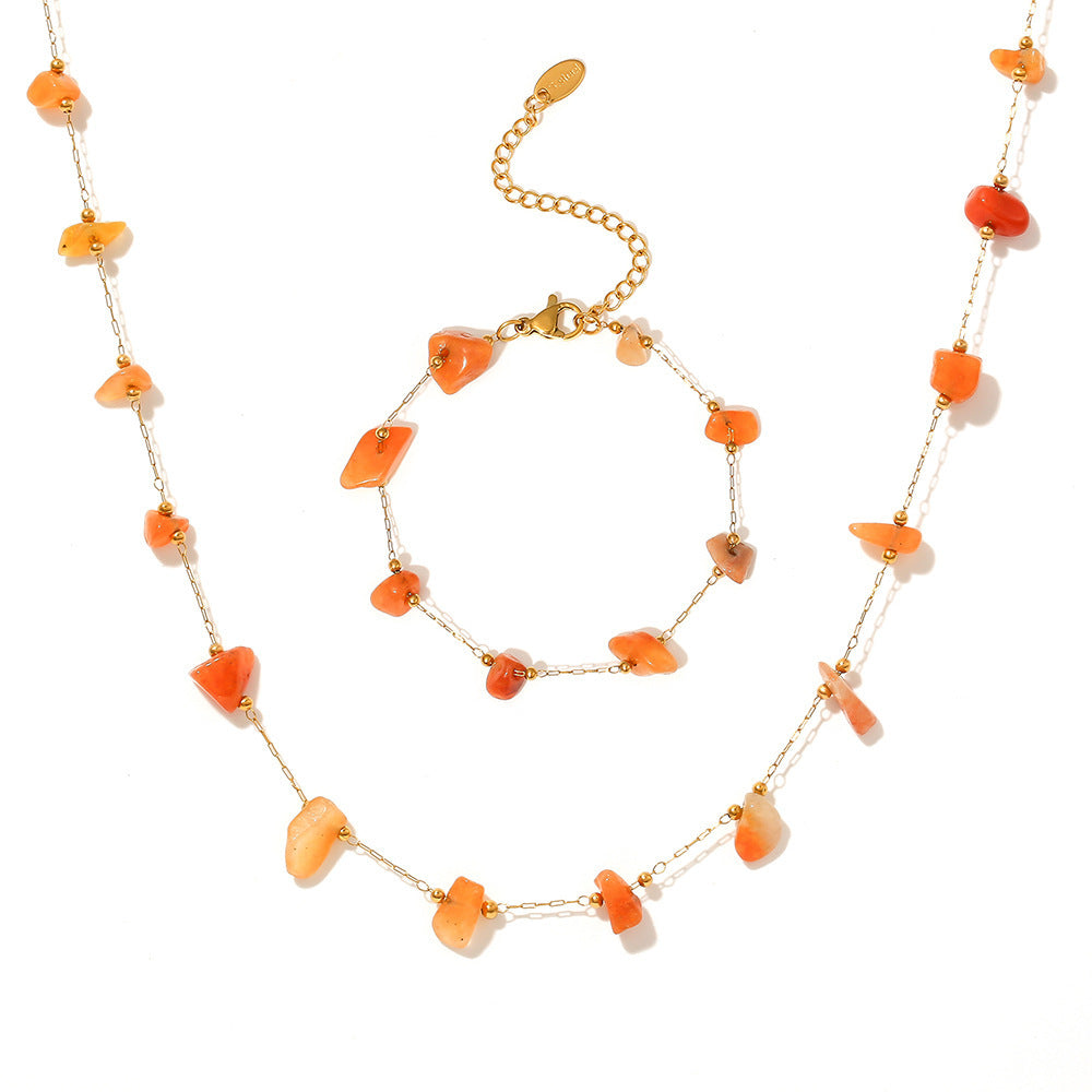 Niche irregular natural gravel collarbone necklace temperament bracelet stainless steel candy color jewelry set pp