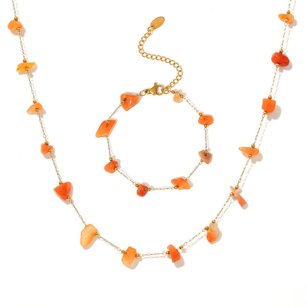 Niche irregular natural gravel collarbone necklace temperament bracelet stainless steel candy color jewelry set pp