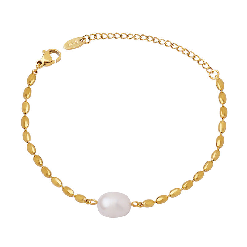 Freshwater pearl splicing rice bead temperament metal chain bracelet neutral wind personality non-fading girlfriend jewelry