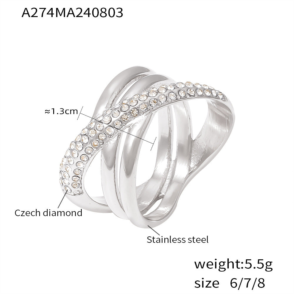 Cross-wound diamond-set ring plated with 18k real gold non-fading retro niche stainless steel ring