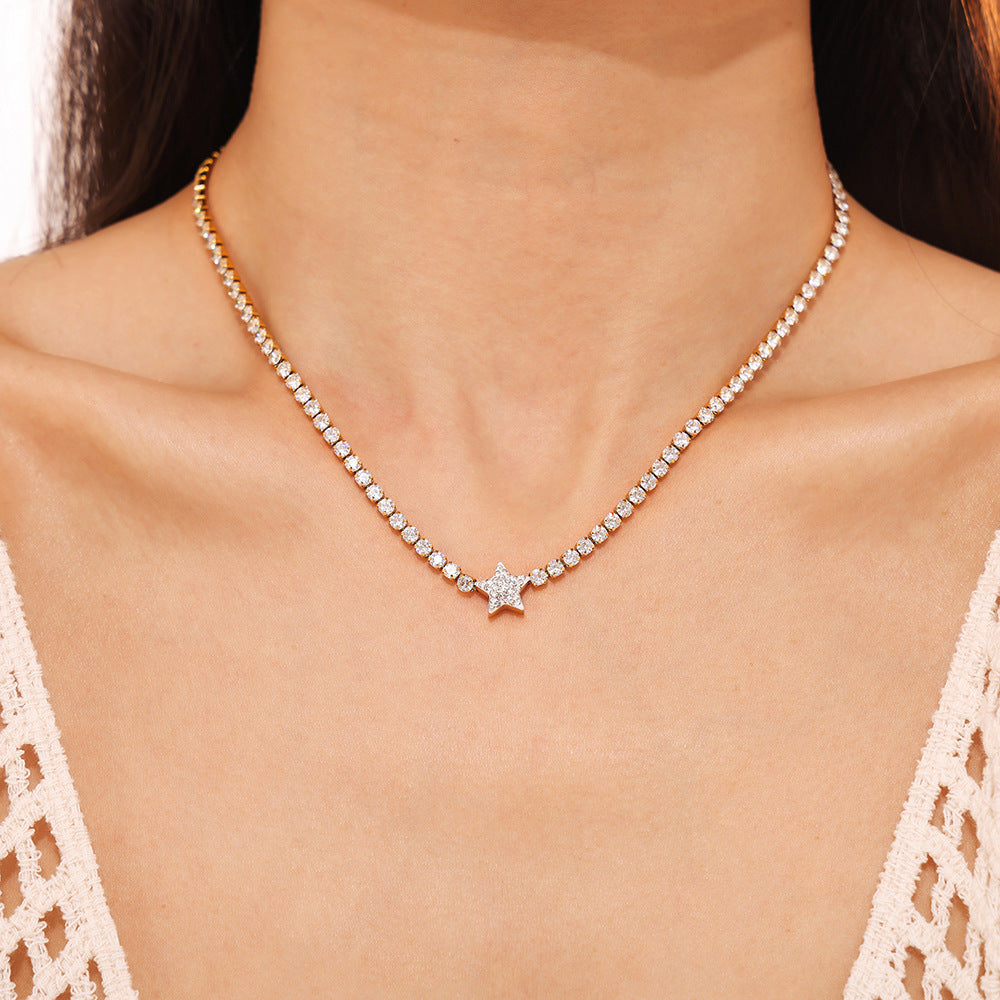 Vintage new geometric star pendant necklace inlaid with zircon titanium steel plated 18k gold collarbone chain jewelry
