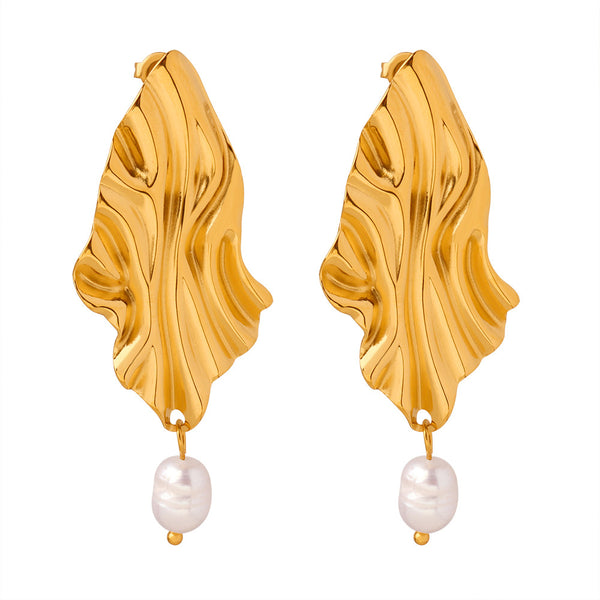 New irregular fashion light luxury personalized titanium steel gold-plated freshwater pearl pendant earrings jewelry women's wholesale