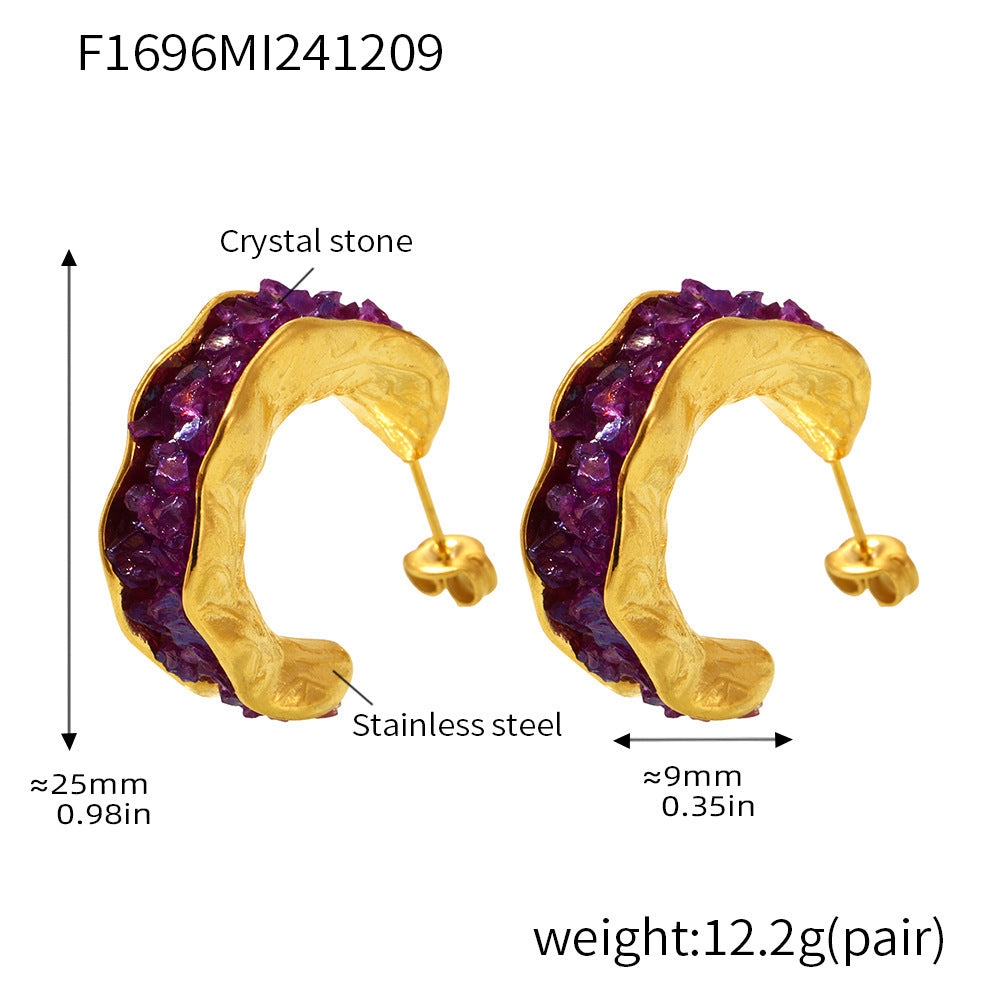 Stainless Steel Crystal Stone C-Type Earrings Sparkling Luxury Temperament PVD Plated Real Gold Earrings