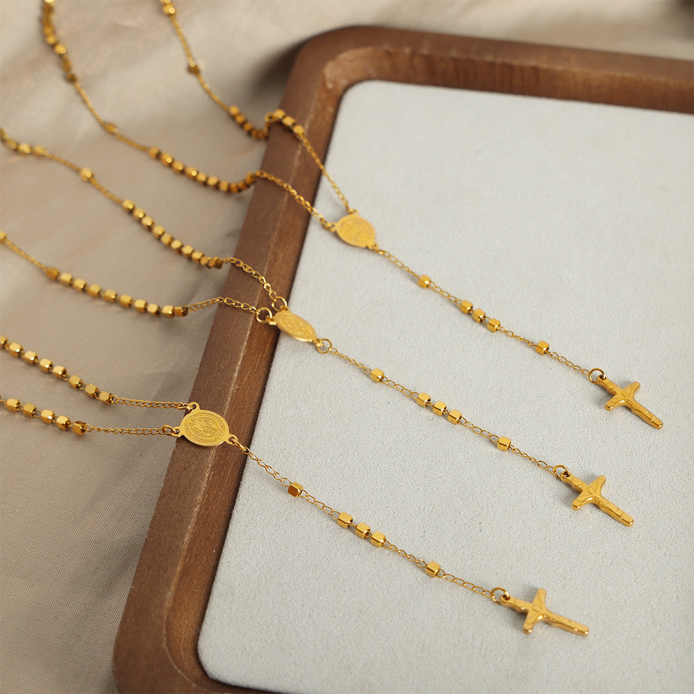 New fashionable versatile simple niche design titanium steel gold-plated cross pendant sweater chain necklace jewelry