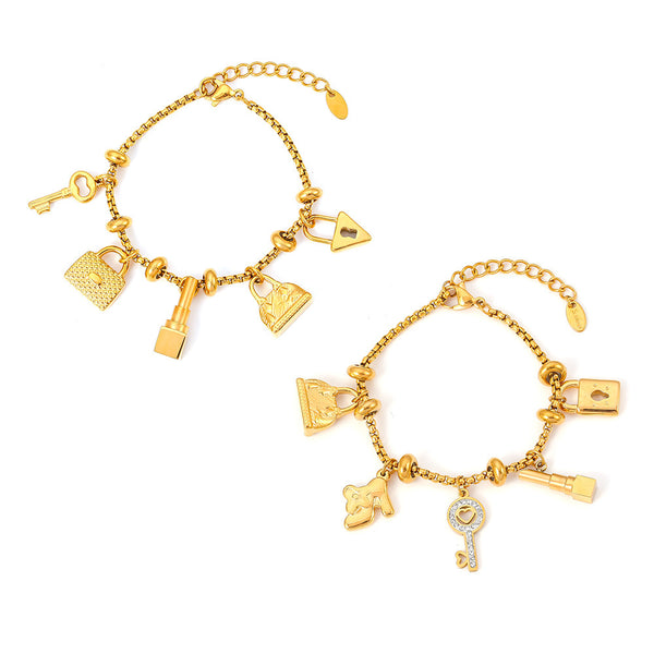 Multi-element tag diamond pendant bracelet adjustable trend retro titanium steel plated 18K gold bracelet