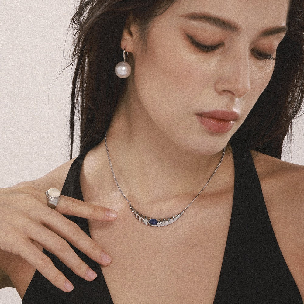 Crescent moon inlaid lapis lazuli rice beads double layer stacked necklace light luxury texture bead earrings personalized set