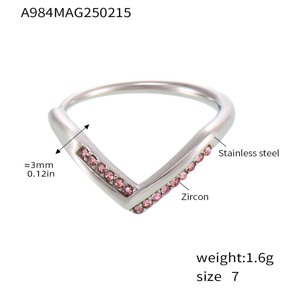 V-shaped diamond 5A zircon side opening adjustable stainless steel ring women's non-fading index finger ring