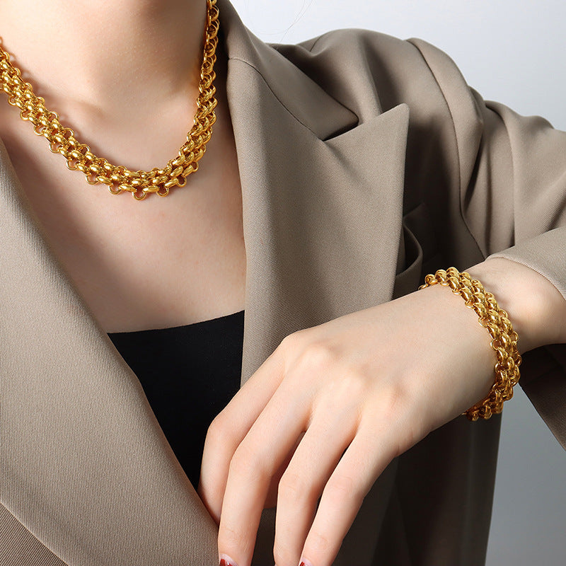 Cold wind exaggerated trendy temperament jewelry set buckle design thick chain personalized necklace versatile gold-plated bracelet
