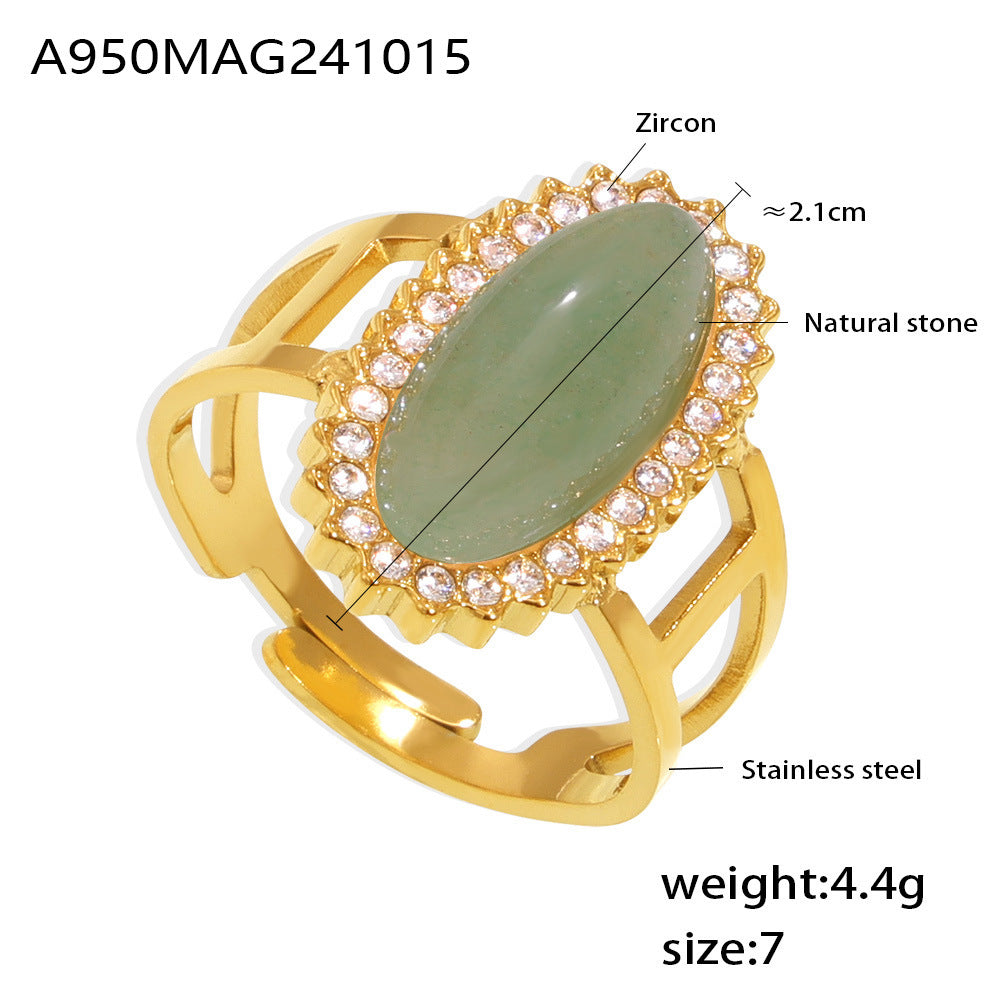 Jewelry 3A zircon inlaid natural stone open ring titanium steel plated 18K gold adjustable ring jewelry spot supply