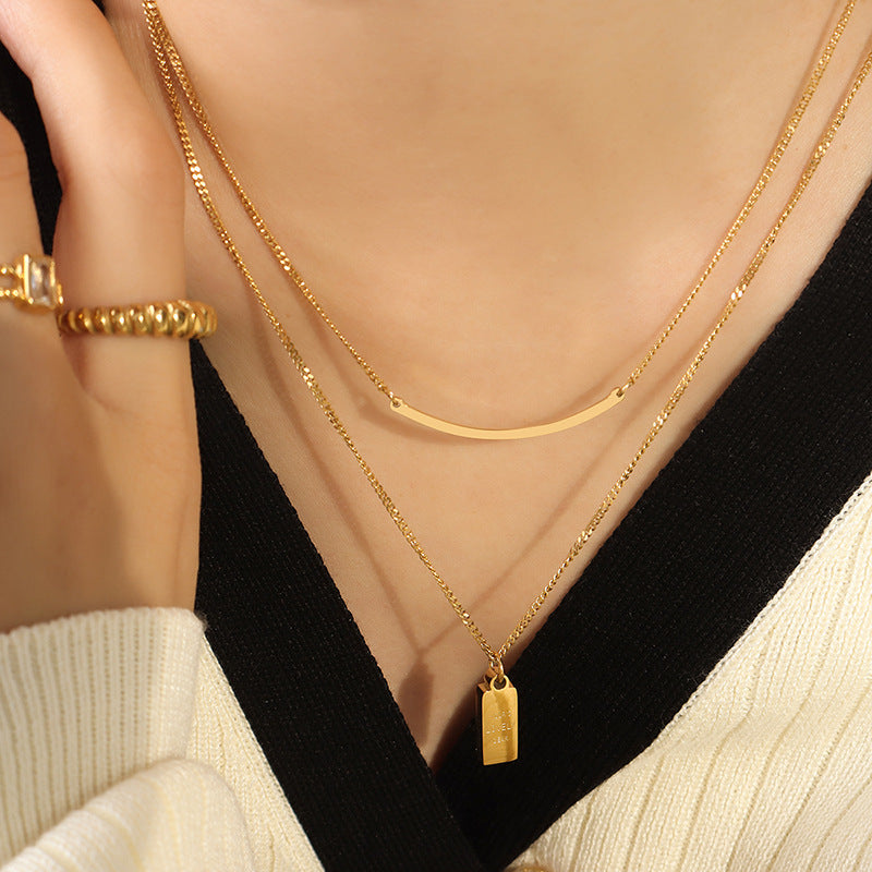 Titanium steel gold-plated lettering square brand pendant double chain collarbone versatile personality design double layer stacked necklace women