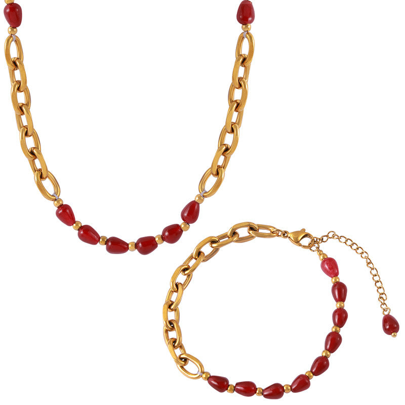 Temperament elegant jewelry agate garnet beaded design titanium steel gold-plated jewelry set 99